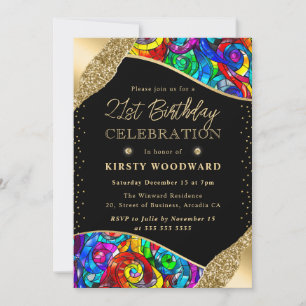 Multicolor and Gold Stained Glass 21st Birthday Invitation