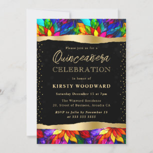 Multicolor and Gold Stained Glass Quinceanera Invitation