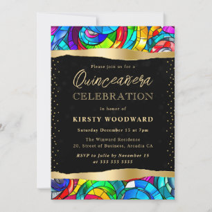 Multicolor and Gold Stained Glass Quinceanera Invitation