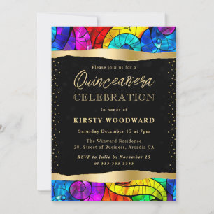 Multicolor and Gold Stained Glass Quinceanera Invitation