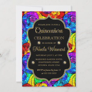 Multicolor and Gold Stained Glass Quinceanera Invitation