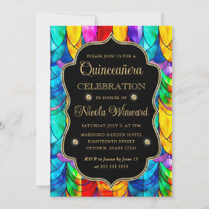 Multicolor and Gold Stained Glass Quinceanera Invitation