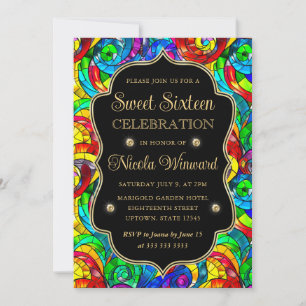 Multicolor and Gold Stained Glass Sweet 16 Invitation