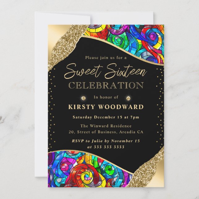 Multicolor and Gold Stained Glass Sweet Sixteen Invitation (Front)