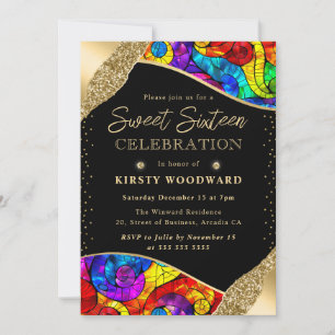 Multicolor and Gold Stained Glass Sweet Sixteen Invitation