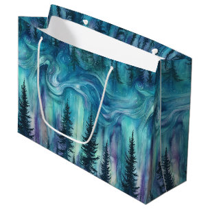 Multicolor Aurora Lights Over Dark Pine Trees Large Gift Bag