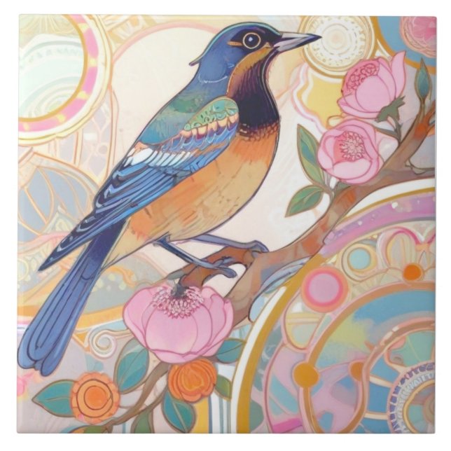 Multicolor Bird Rainbow Nature Flower Floral Tile (Front)