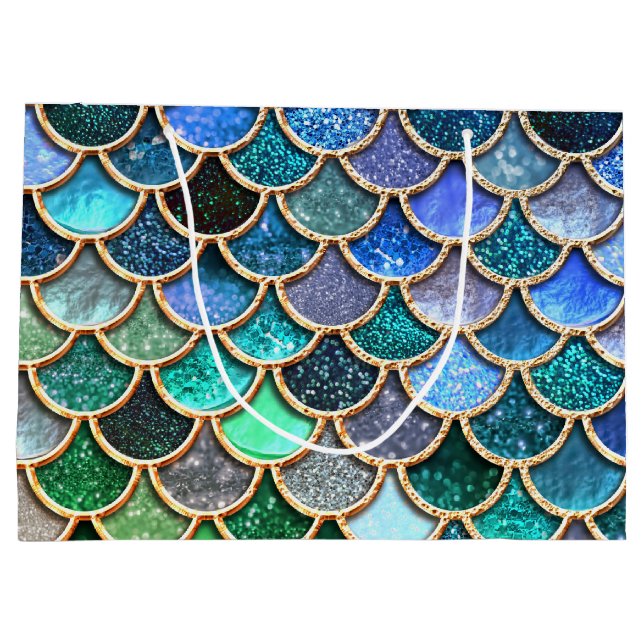 Multicolor Blue Sparkle Glitter Mermaid Scales Large Gift Bag (Back)