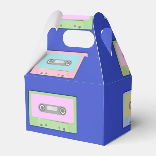Multicolor cassette tapes on blue favour box (Front Side)