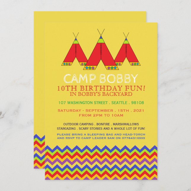 Multicolor Chevron Tipi, Camping Birthday Invitation (Front/Back)