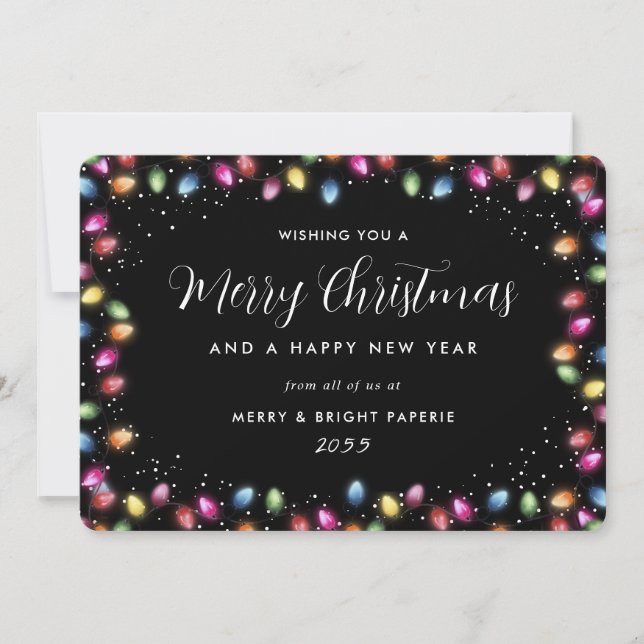 Multicolor Christmas Lights Black Business Holiday Card (Front)