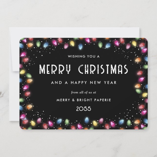 Multicolor Christmas Lights Black Business Holiday Card (Front)