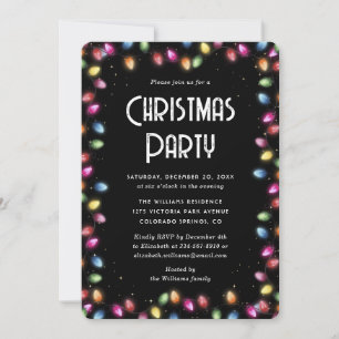 Multicolor Christmas Lights Black Holiday Party Invitation
