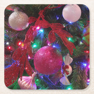 Multicolor Christmas Tree Colourful Holiday Square Paper Coaster