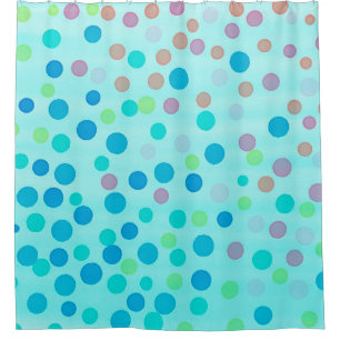 Multicolor confetti dots on blue shower curtain