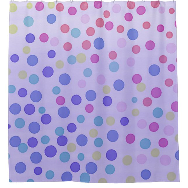 Multicolor confetti dots on purple shower curtain (Front)