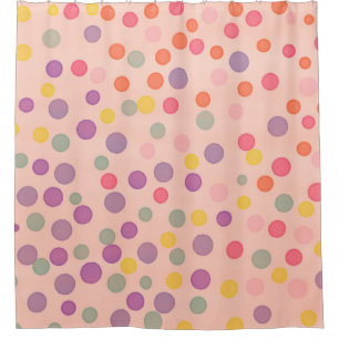 Multicolor confetti dots on salmon pink shower curtain