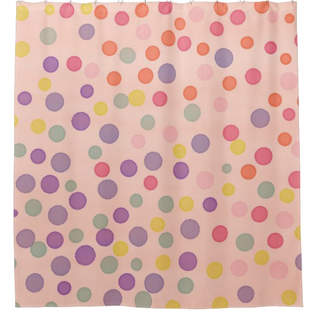 Multicolor confetti dots on salmon pink shower curtain (Front)