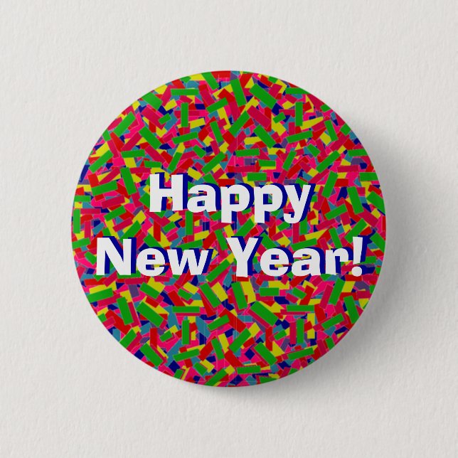 Multicolor Confetti "Happy New Year!" 6 Cm Round Badge (Front)