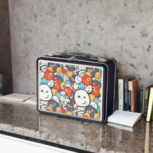 Multicolor Doodle Monster Faces Metal Lunch Box