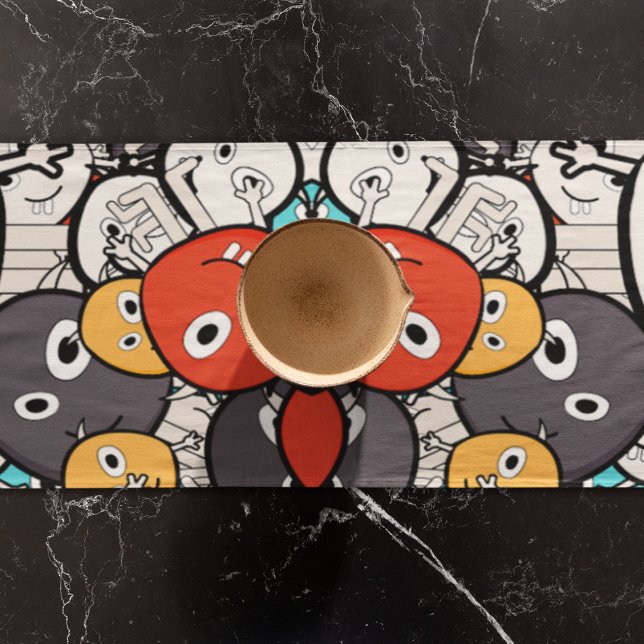 Multicolor Doodle Monster Faces Short Table Runner (monster table runner)