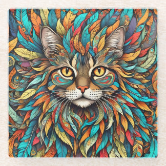 Multicolor Feathers Cat 737 Glass Coaster