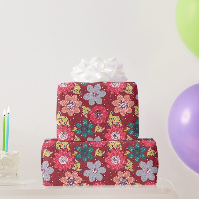 Multicolor flower pattern red backdrop wrapping paper (Party Gifts)