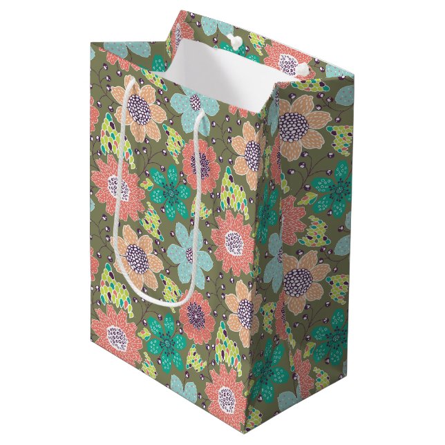 Multicolor flower pattern soft green backdrop medium gift bag (Front Angled)