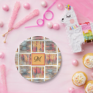 Multicolor Geometric Abstract Stripe Monogram Paper Plate