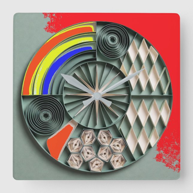 Multicolor Geometric Quilling-Style Mandala  Square Wall Clock (Front)