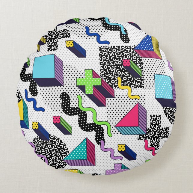 Multicolor geometric shapes, retro pattern. round cushion (Front)