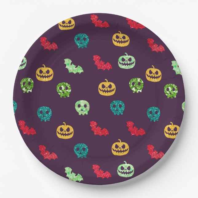 Multicolor Glitter Halloween Pattern Paper Plate (Front)