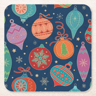 Multicolor Gold Christmas Tree Decoration Pattern Square Paper Coaster