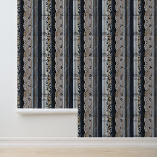 Multicolor Grey, White, & Black Faux Lace Strips Wallpaper