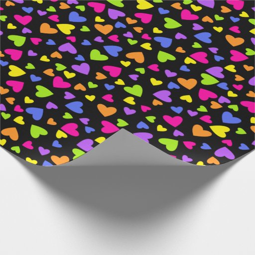 Image of Multicolor Heart Pattern on Black Wrapping Paper