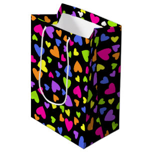 Multicolor Hearts on Black Medium Gift Bag