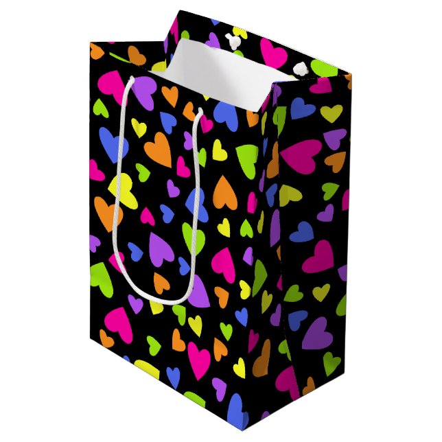 Multicolor Hearts on Black Medium Gift Bag (Front Angled)
