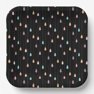 Multicolor hipster rain drop black background paper plate