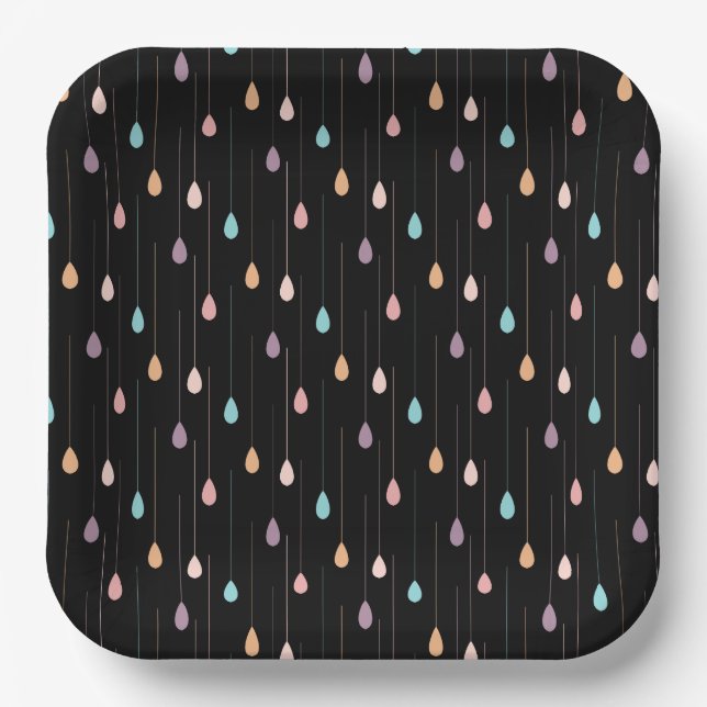 Multicolor hipster rain drop black background paper plate (Front)