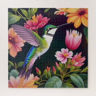 Multicolor Hummingbird Floral Art Jigsaw Puzzle