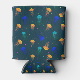 Multicolor jelly fish pattern on blue background can cooler