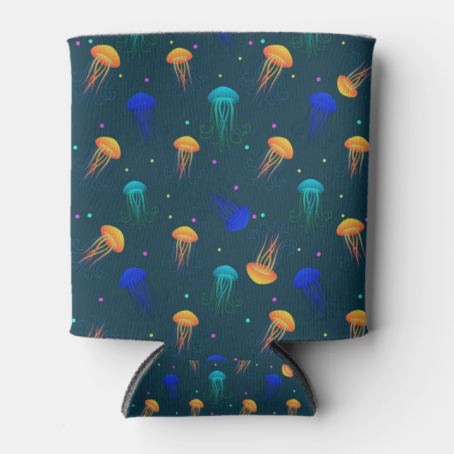 Multicolor jelly fish pattern on blue background can cooler (Front)