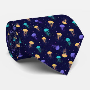 Multicolor jelly fish pattern on blue background tie
