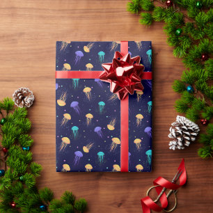 Multicolor jelly fish pattern on blue background wrapping paper