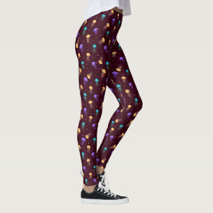 Multicolor jelly fish pattern on maroon background leggings