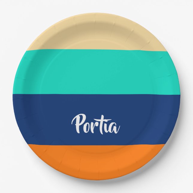 Multicolor lines patterned paper plate (Front)