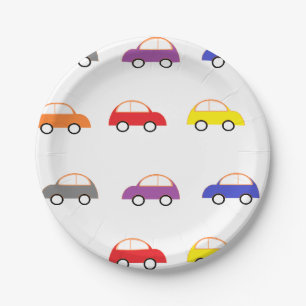 Multicolor mini cars on white paper plate