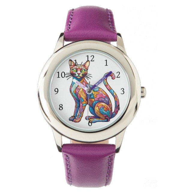 Multicolor Mosaic funny Cat 756 Watch (Front)