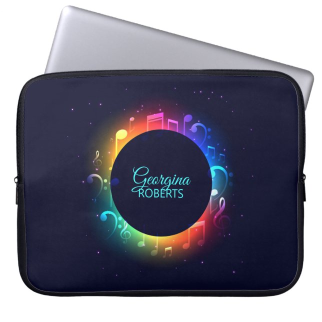 Multicolor Music Notes and Custom Name Laptop Sleeve (Front)