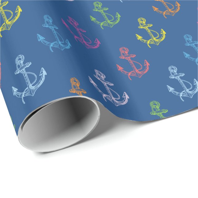 Multicolor Nautical Boat Anchors Pattern Wrapping Paper (Roll Corner)